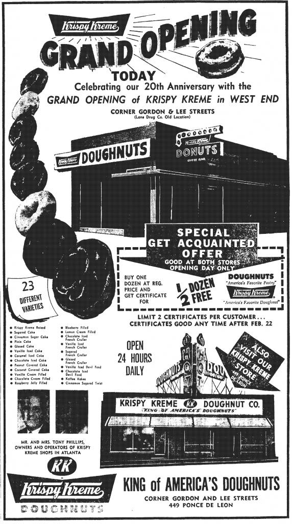 Large newspaper ad for a new Krispy Kreme store opening in West End, Atlanta.