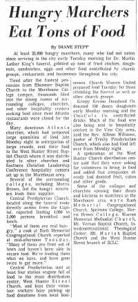 Newspaper article from the April 10, 1968 Atlanta Constitution about efforts to feed marchers in the city for Dr. Martin Luther King, Jr.'s funeral.