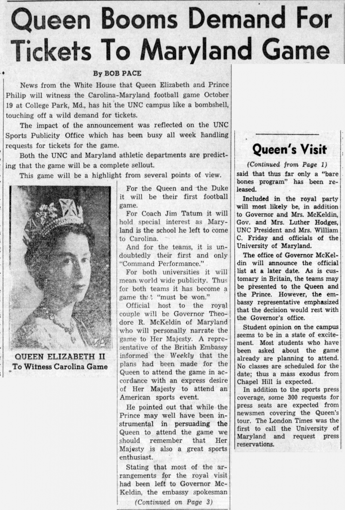 Article about high demand for football tickets after announcement that Queen Elizabeth II would attend the game.