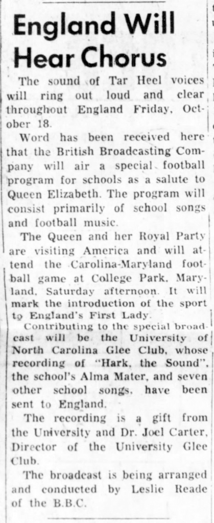 Article about a BBC broadcast of UNC school and football songs in honor of the Queen's visit